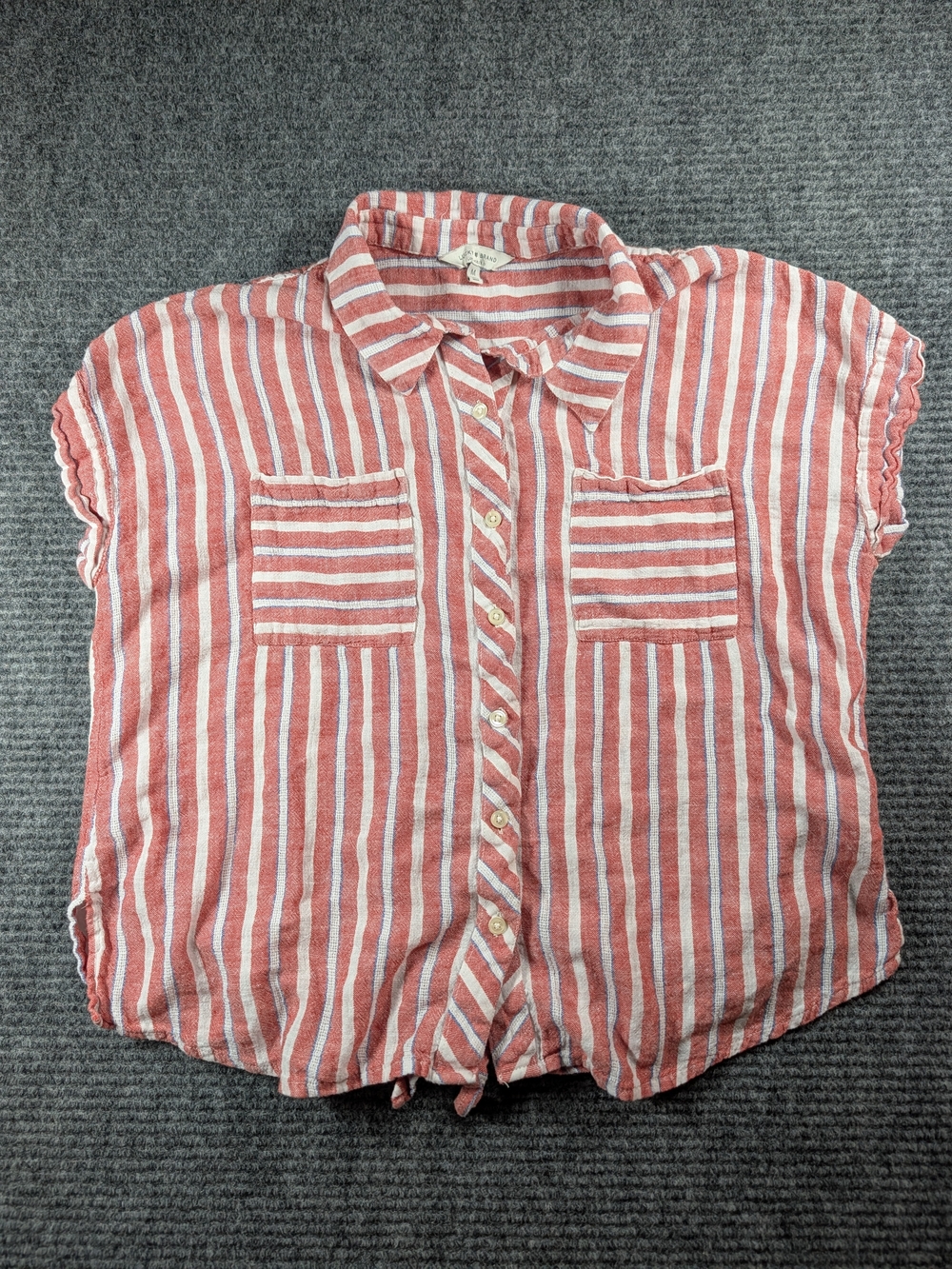 Lucky Brand Womens Med Red White Blue Striped Linen Blend Tie Back Button Up Top